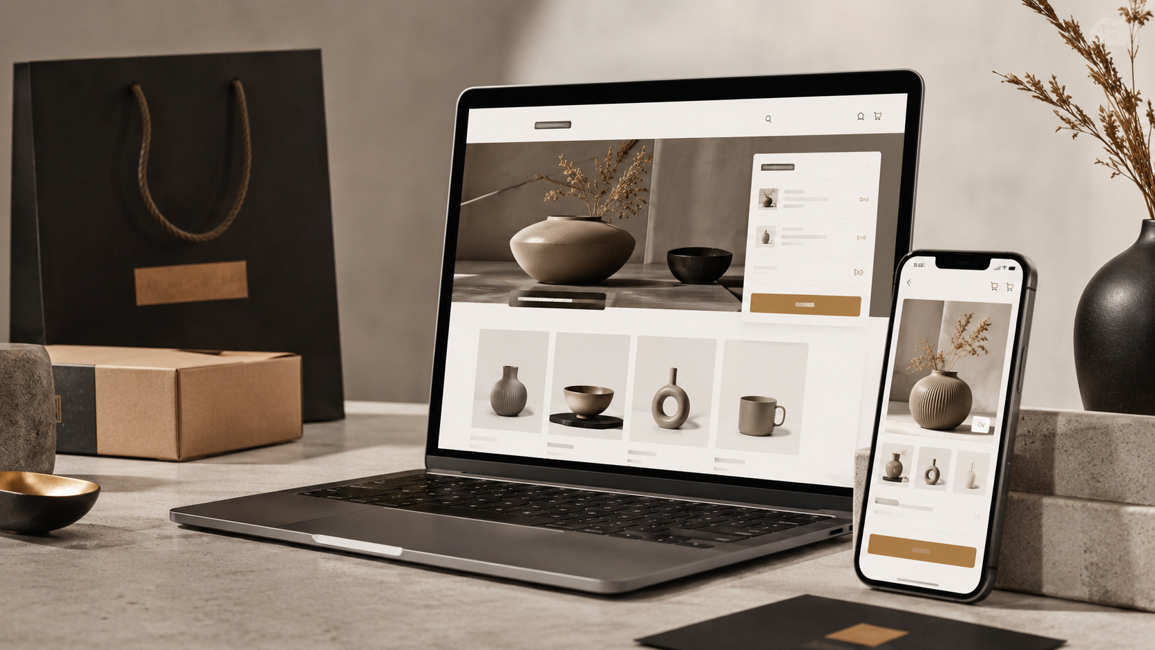 ecommerce-web-design-vaancreative Modern eCommerce website design shown on laptop and smartphone with product and checkout interfaces